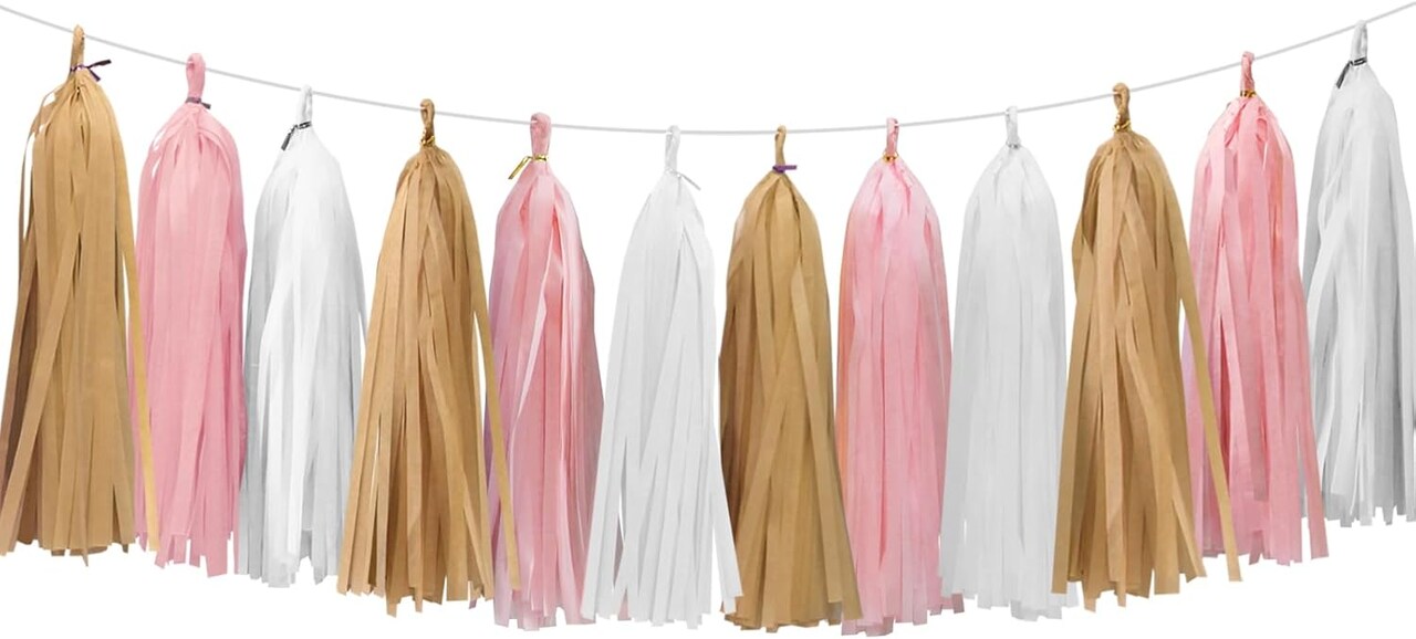 Gold White Pink Tassel Garland for Baby Shower Decorations Bridal Shower Birthday Party Decorations 15PCS